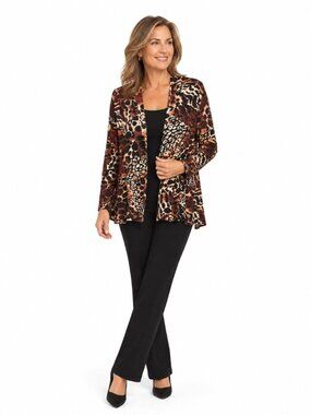 Chico's Travelers Womens Size 2 L Animal Print Open Front Stretch Cardigan